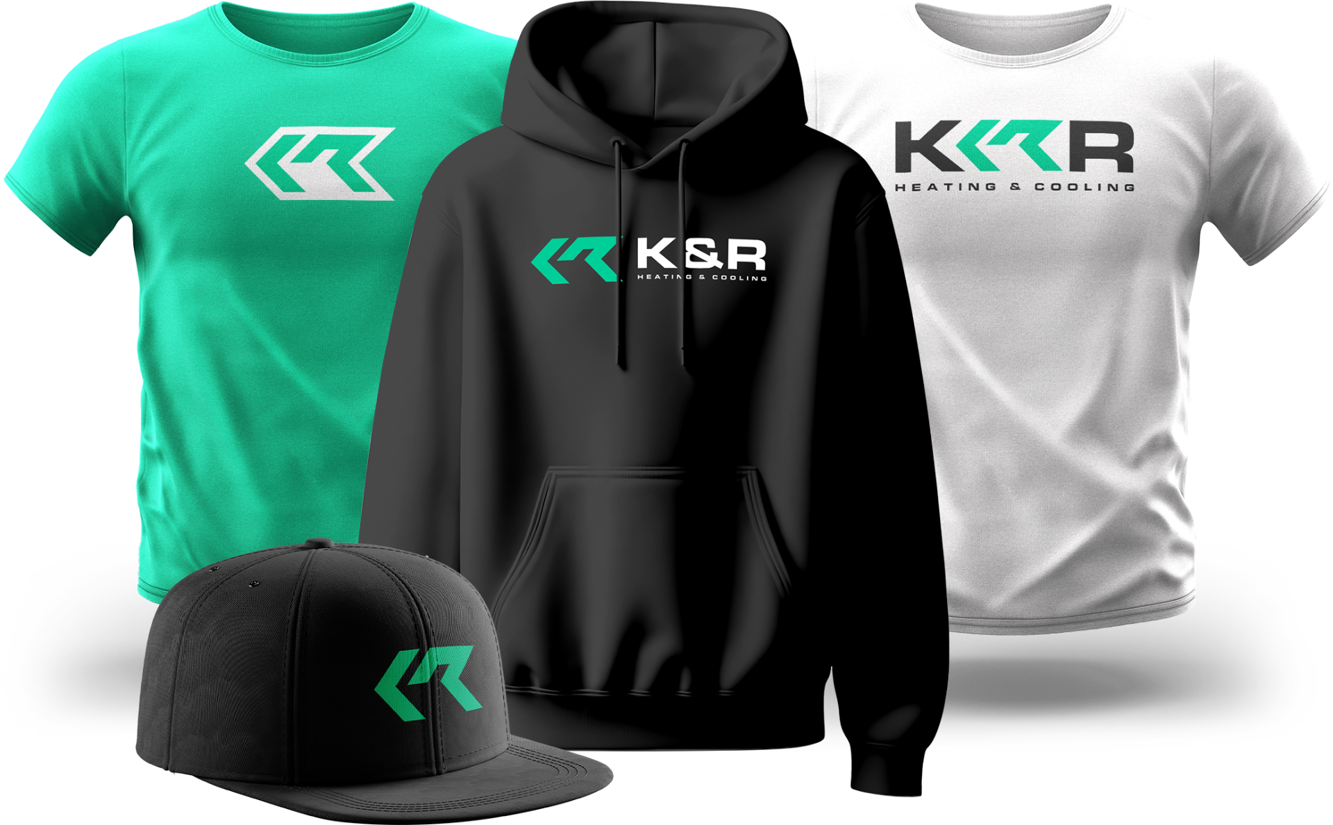 K&R branded merchandise — tees, hoodie, and cap